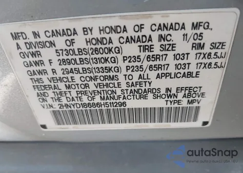 2006 Acura Mdx из США, поврежденный, VIN 2HNYD18686H511296